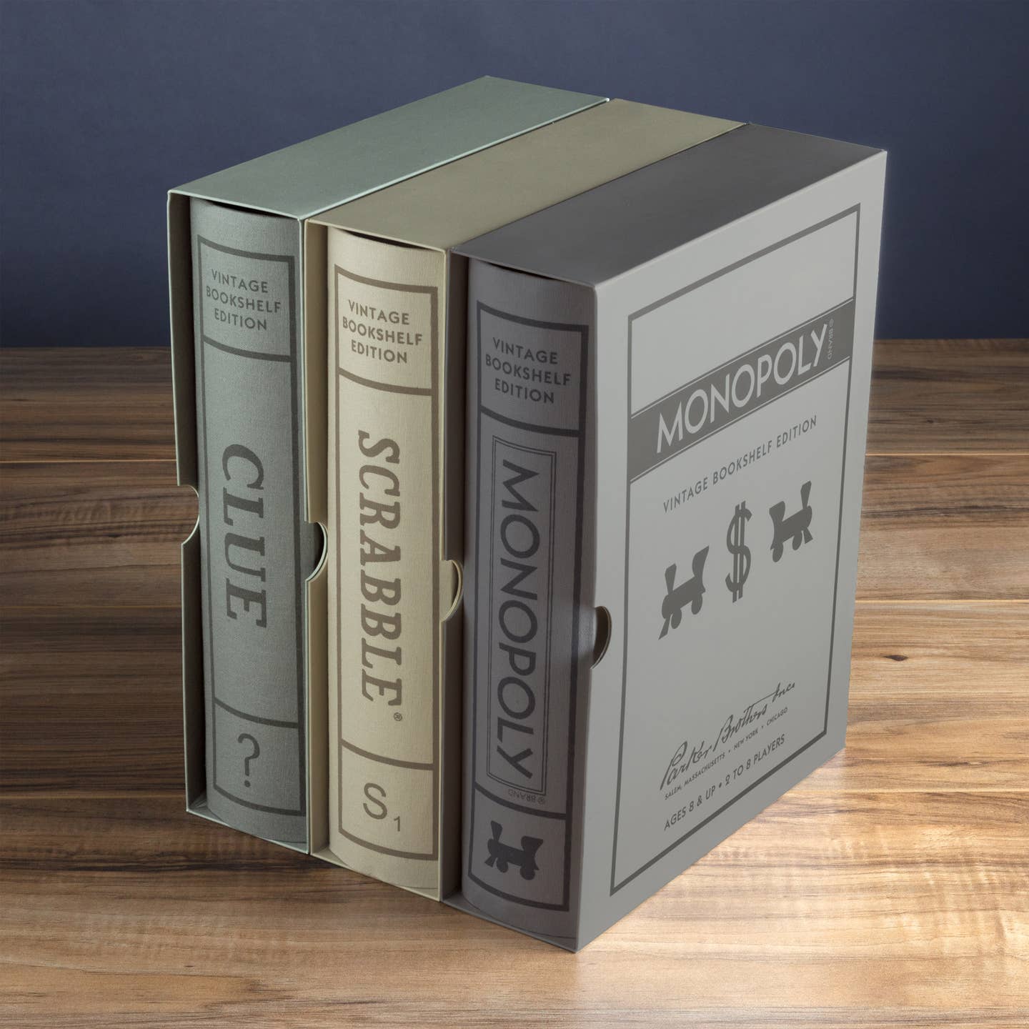 Scrabble, Monopoly, Clue Vintage Bookshelf Editions
