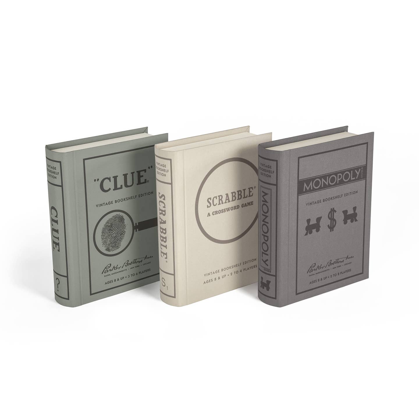 Scrabble, Monopoly, Clue Vintage Bookshelf Editions
