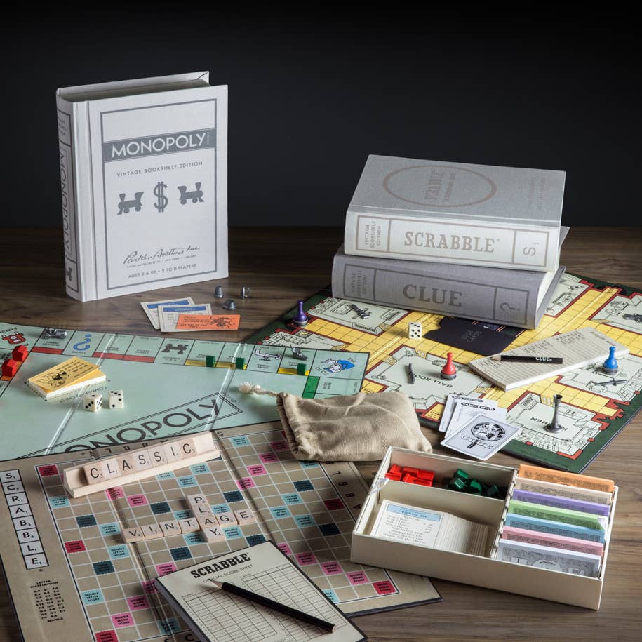 Scrabble, Monopoly, Clue Vintage Bookshelf Editions